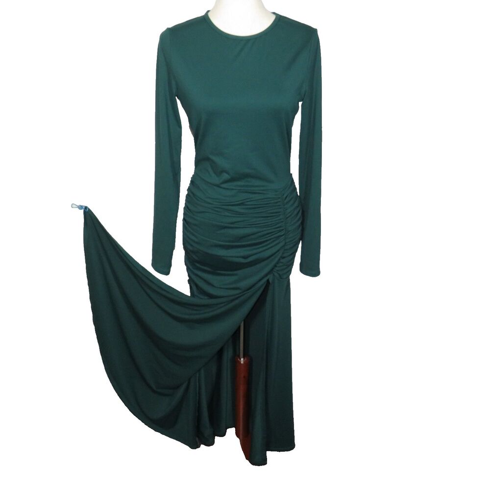 Halara Dark Green Silky Stretchy Side Ruched Front Slit Long Sleeve Maxi Dress M